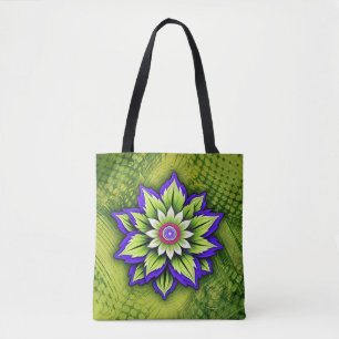 Stylized Flower on Swirling Green Pattern Tote Bag