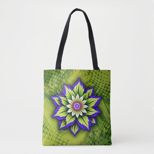 Stylized Flower on Swirling Green Pattern Tote Bag (Front)