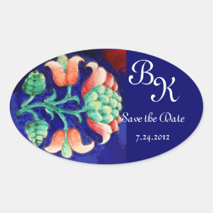STYLIZED FLOWER,PINK GREEN BLUE FLORAL MONOGRAM OVAL STICKER
