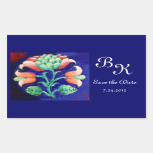 STYLIZED FLOWER,PINK GREEN BLUE FLORAL MONOGRAM RECTANGULAR STICKER