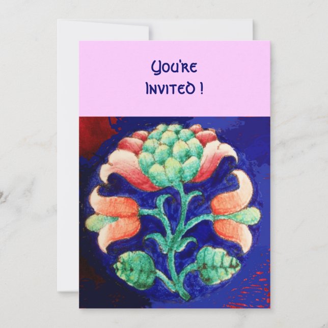 STYLIZED FLOWER/PINK RED GREEN ORANGE BLUE FLORAL INVITATION (Front)