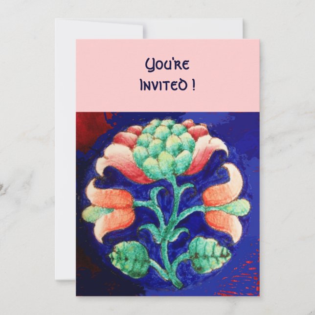 STYLIZED FLOWER/PINK RED GREEN ORANGE BLUE FLORAL INVITATION (Front)