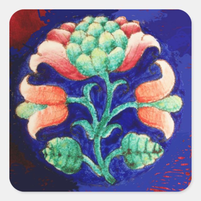 STYLIZED FLOWER/ RED PINK GREEN BLUE FLORAL SQUARE STICKER (Front)
