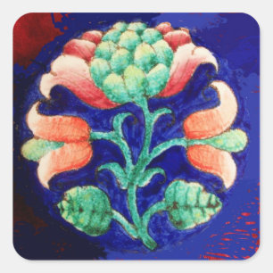 STYLIZED FLOWER/ RED PINK GREEN BLUE FLORAL SQUARE STICKER