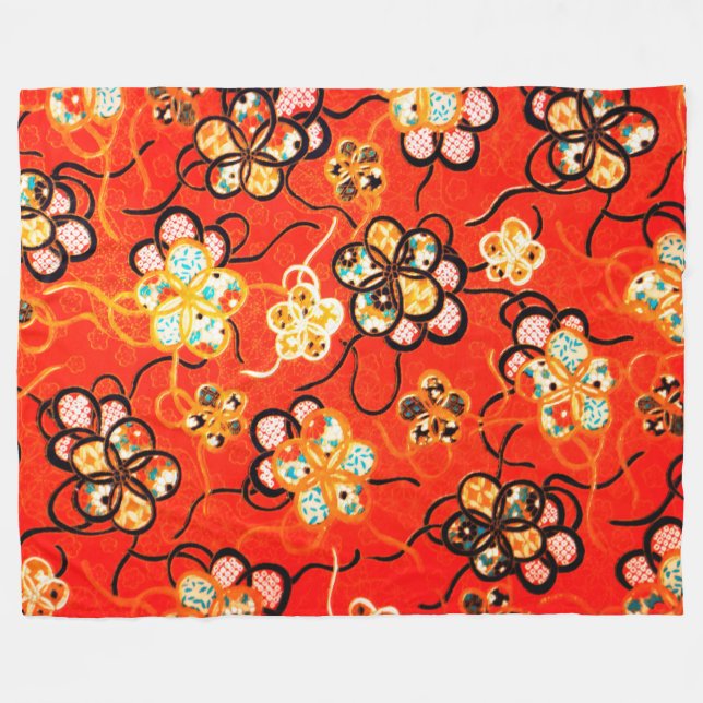 STYLIZED FLOWERS ,BLACK WHITE RIBBONS  BRIGHT RED  FLEECE BLANKET (Front (Horizontal))