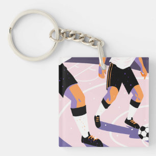 Stylized Football Players Dribbling a Soccer Ball Key Ring