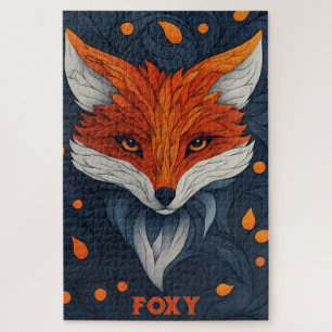 Stylized Fox Illustration with Floral Background Jigsaw Puzzle