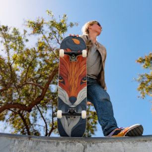 Stylized Fox Illustration with Floral Background Skateboard