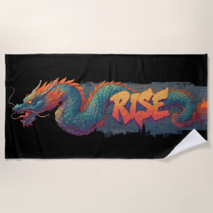 Stylized Graffiti Dragon Mural with Bold 'RISE'  Beach Towel