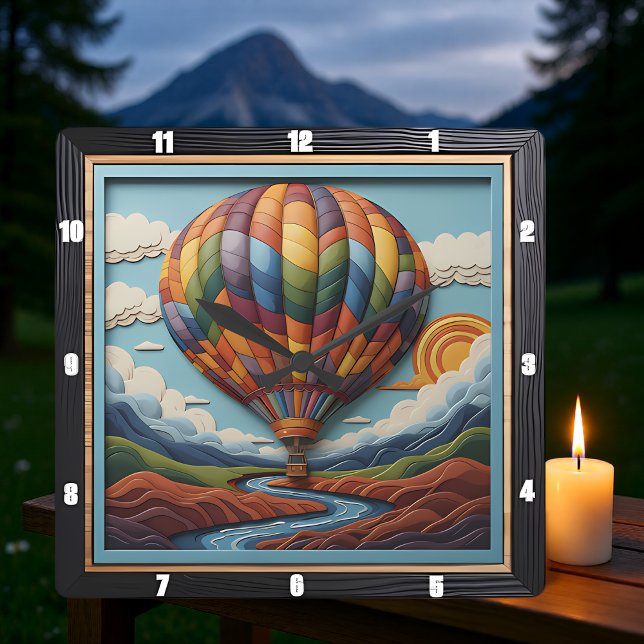 Stylized Hot Air Balloon River Valley Square Wall Clock (Creator Uploaded)