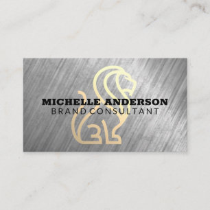 Stylized Lion Logo   Metal Texture Background Business Card