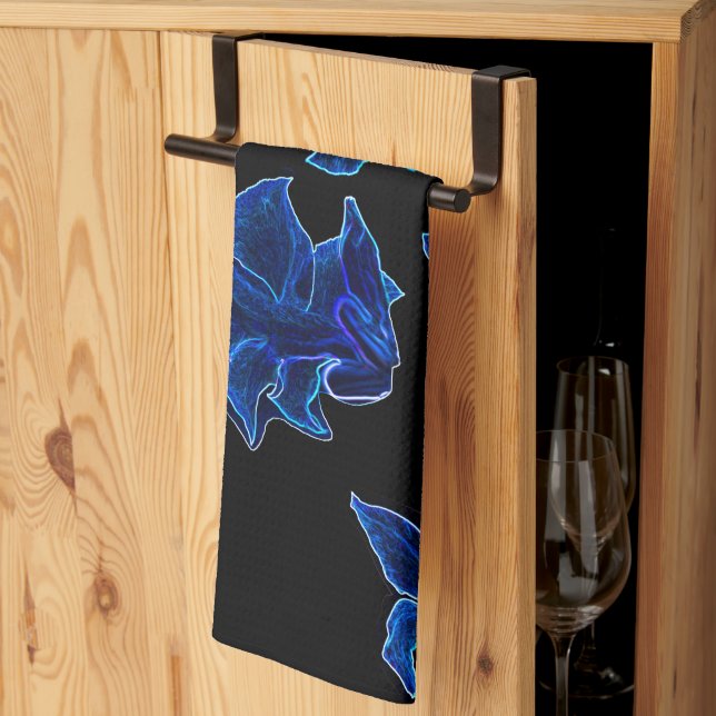 Stylized Neon Blue Flowers Floral Tea Towel (Thirds Fold)