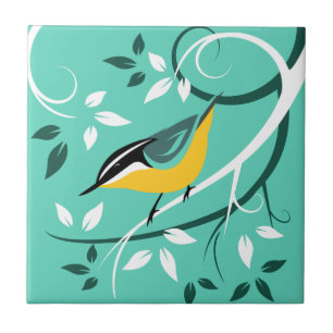 Stylized Nuthatch On Tree Branch Tile