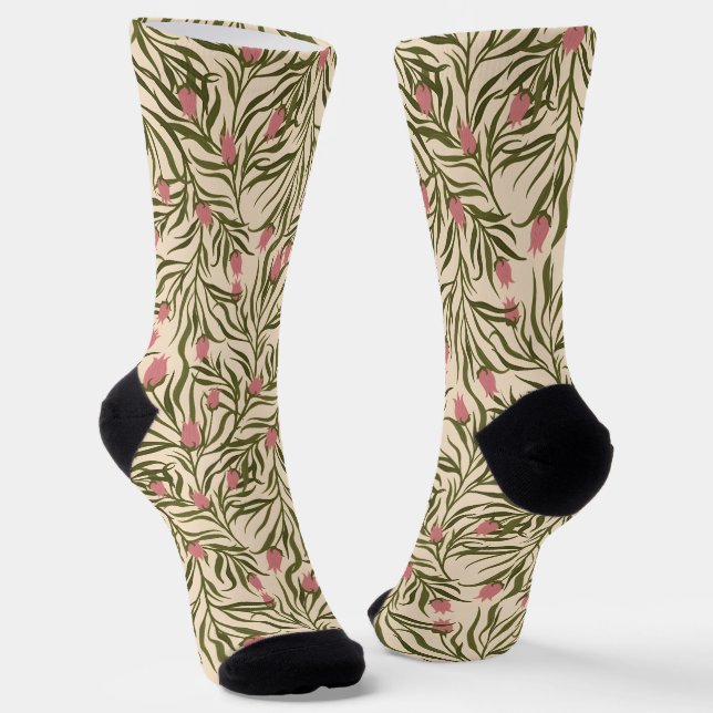 Stylized pink bell-shaped floral pattern socks (Angled)