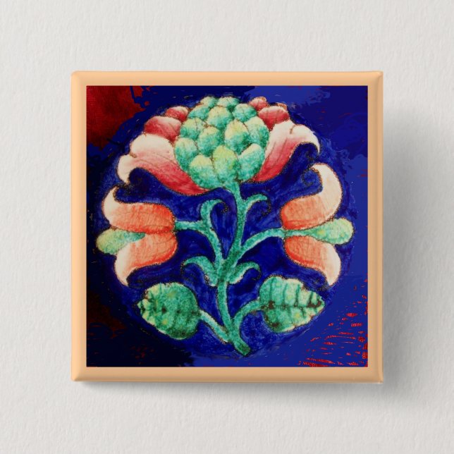 STYLIZED PINK FLOWER ,BLUE GREEN FLORAL 15 CM SQUARE BADGE (Front)