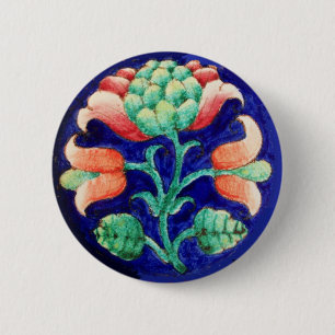 STYLIZED PINK FLOWER ,BLUE GREEN FLORAL 6 CM ROUND BADGE