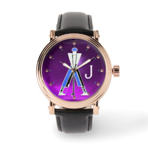 STYLIZED PURPLE BLUE GOLFER,GOLF PLAYER MONOGRAM WATCH