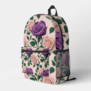 Stylized Purple Roses With Green Accents Printed Backpack