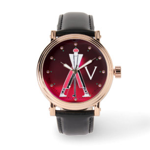 STYLIZED RED BURGUNDY GOLFER,GOLF PLAYER MONOGRAM WATCH