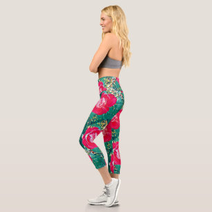Stylized Red Flower Rose Painting Capri Leggings