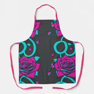 Stylized Roses In Bright Turquoise And Pink Apron