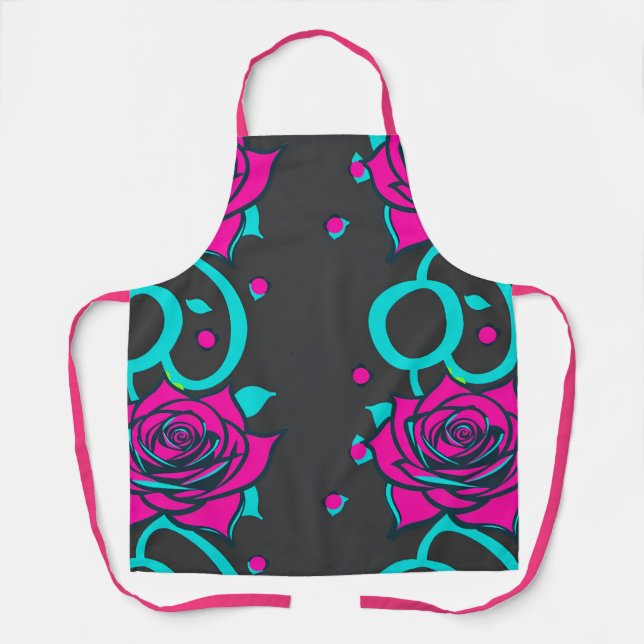 Stylized Roses In Bright Turquoise And Pink Apron (Front)