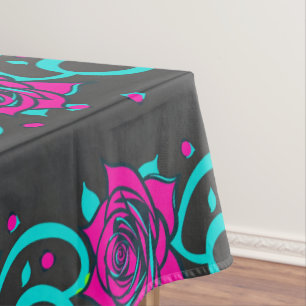 Stylized Roses In Bright Turquoise And Pink Tablecloth