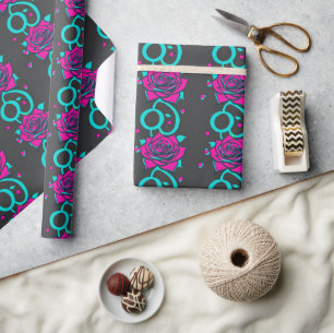 Stylized Roses In Bright Turquoise And Pink Wrapping Paper