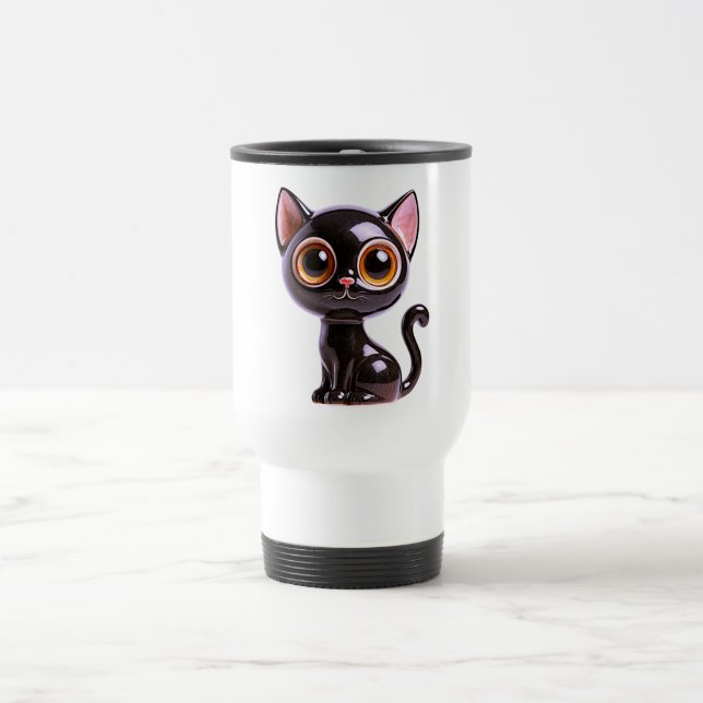 Stylized Sitting Black Cat, Travel Mug (Center)