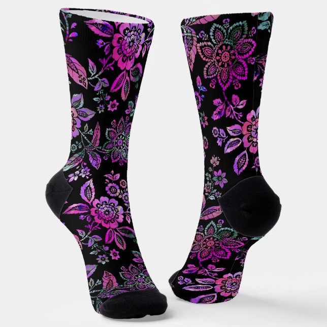 Stylized Stencil Pink floral on Black Backgrown Socks (Angled)