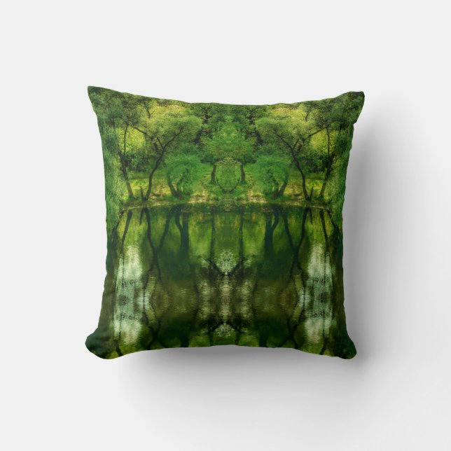 Stylized Super Green Tree Reflections Pillow (Front)
