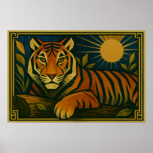 Stylized Tiger in Ornamental Sunburst Frame Poster
