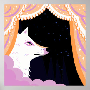 Stylized White Fox Gazing at Night Sky Poster