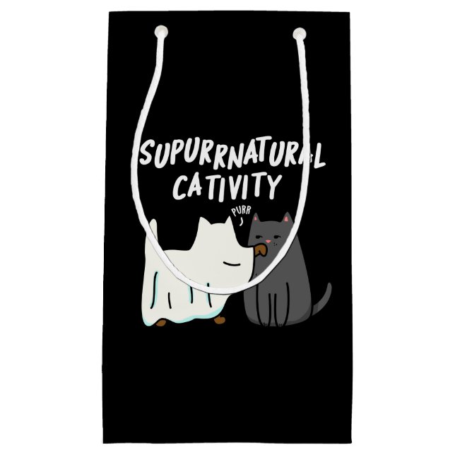 Su-purr-natural Cativity Funny Cat Pun Dark BG Small Gift Bag (Front)