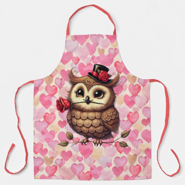 suave Owl with colourful hearts Valentine's Day  Apron (Front)