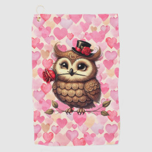 suave Owl with colourful hearts Valentine's Day Golf Towel