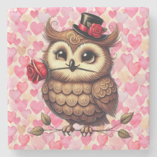 suave Owl with colourful hearts Valentine's Day  Stone Coaster