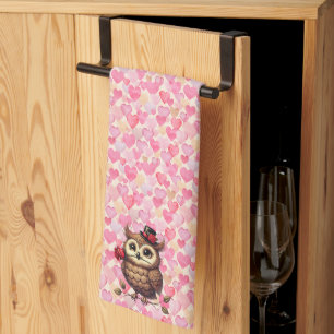 suave Owl with colourful hearts Valentine's Day Tea Towel