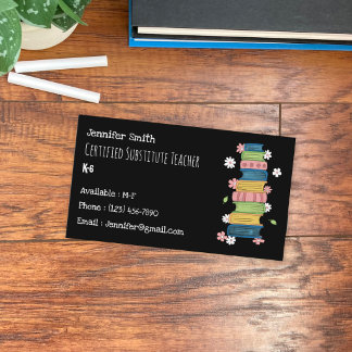 Sub Teacher Books Flowers Black Business Card
