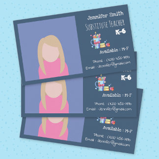 Sub Teacher Dark Blue Business Card with Photo