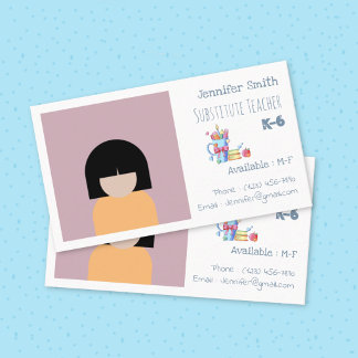 Sub Teacher White Business Card with Photo