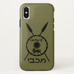 Subdued Maccabee Shield And Spears iPhone XS Case<br><div class="desc">A black military "subdued" style depiction of a Maccabee&#39;s shield and two spears. The shield is adorned by a lion and text reading "Yisrael" (Israel) in the Paleo-Hebrew alphabet. Hebrew text reading "Maccabee" also appears. The Maccabees were Jewish rebels who freed Judea from the yoke of the Seleucid Empire. Chanukkah...</div>