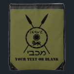 Subdued Maccabee Shield And Spears Drawstring Bag<br><div class="desc">A black military "subdued" style depiction of a Maccabee's shield and two spears. The shield is adorned by a lion and text reading "Yisrael" (Israel) in the Paleo-Hebrew alphabet. Hebrew text reading "Maccabee" also appears. Add your own additional text. The Maccabees were Jewish rebels who freed Judea from the yoke...</div>