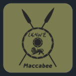 Subdued Maccabee Shield And Spears Square Sticker<br><div class="desc">A black military "subdued" style depiction of a Maccabee's shield and two spears. The shield is adorned by a lion and text reading "Yisrael" (Israel) in the Paleo-Hebrew alphabet. Text reading "Maccabee" also appears. The Maccabees were Jewish rebels who freed Judea from the yoke of the Seleucid Empire. Chanukkah is...</div>