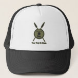 Subdued Maccabee Shield And Spears Trucker Hat<br><div class="desc">A black military "subdued" style depiction of a Maccabee's shield and two spears. The shield is adorned by a lion and text reading "Yisrael" (Israel) in the Paleo-Hebrew alphabet. Add your own text. The Maccabees were Jewish rebels who freed Judea from the yoke of the Seleucid Empire. Chanukkah is not...</div>