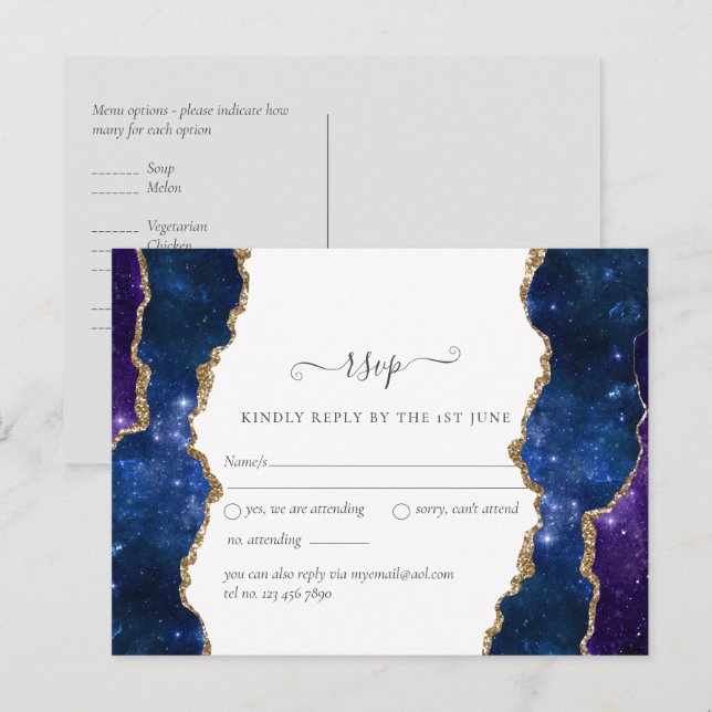 Sublime Agate Blue Gold WEDDING SUITE Postcard (Front/Back)