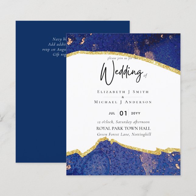 Sublime Blue Gold Agate Wedding Invitations (Front/Back)