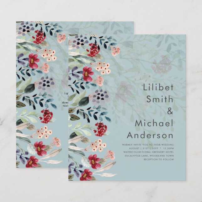 Sublime Burgundy Blue Wildflowers Wedding Elegant (Front/Back)