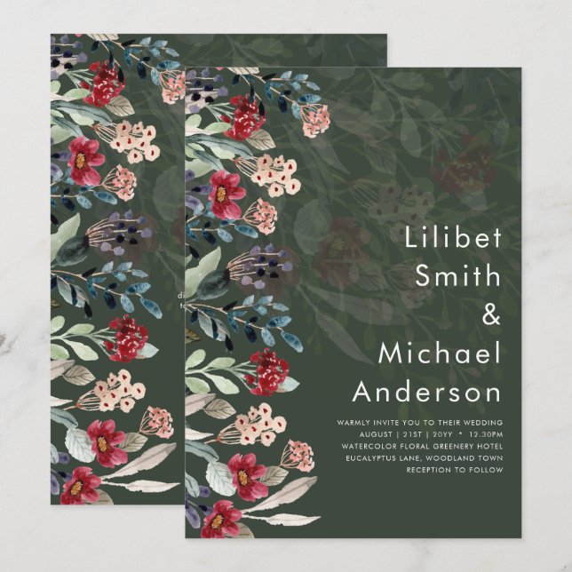 Sublime Burgundy Blue Wildflowers Wedding Elegant Invitation (Front/Back)