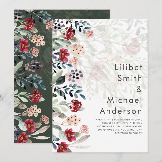 Sublime Burgundy Blue Wildflowers Wedding Elegant Invitation (Front/Back)